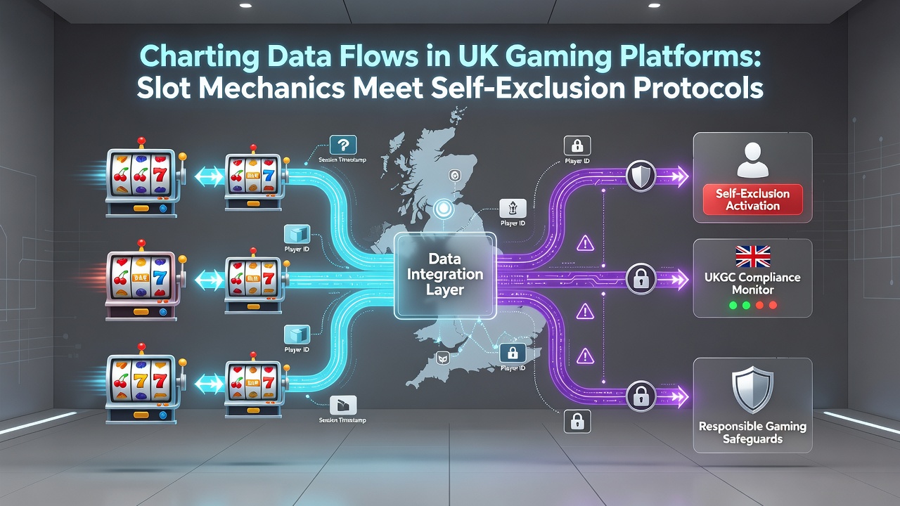Flowchart showing API calls between slot engines, player databases, and self-exclusion services during a typical gaming session